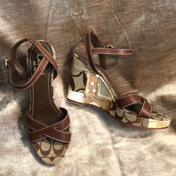 Coach Alina Patchwork & Brown Leather Wedge Sandals - Picture 1 of 12